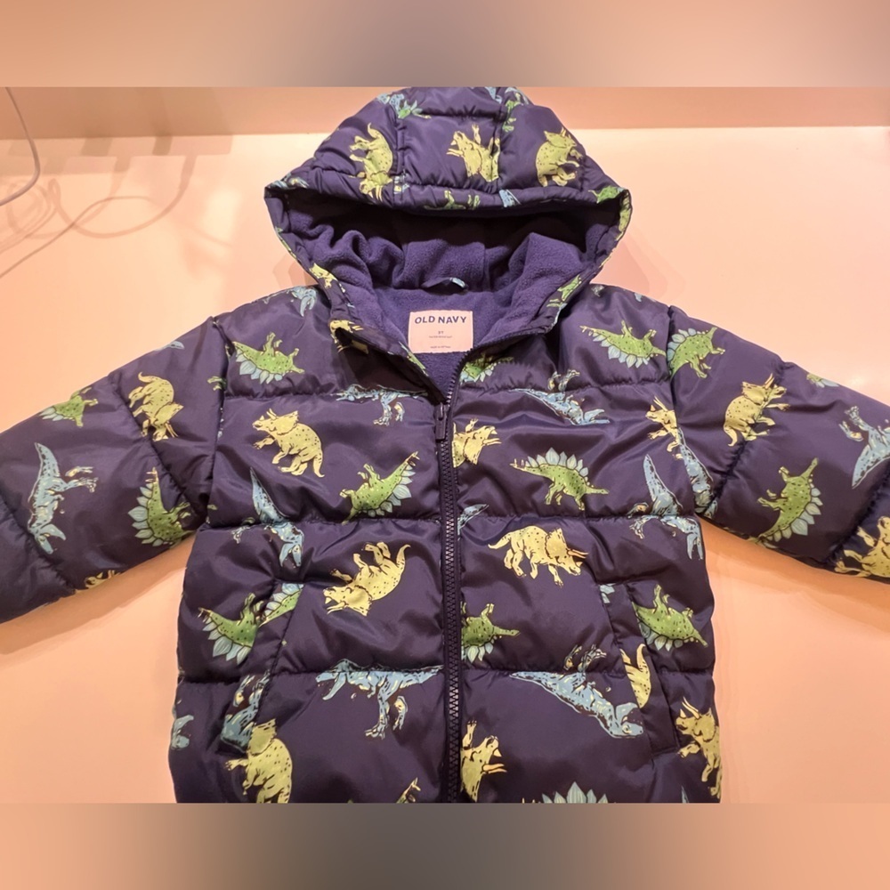 OLD NAVY BLUE W/ GREEN & BLUE DINOSAURS HOODED JACKET TODDLER BOY SIZE 3T